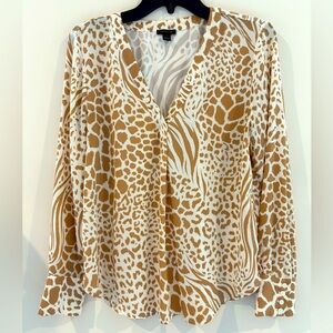 Ann Taylor Brown Cream Animal Print Long Sleeve Women’s Blouse Top S